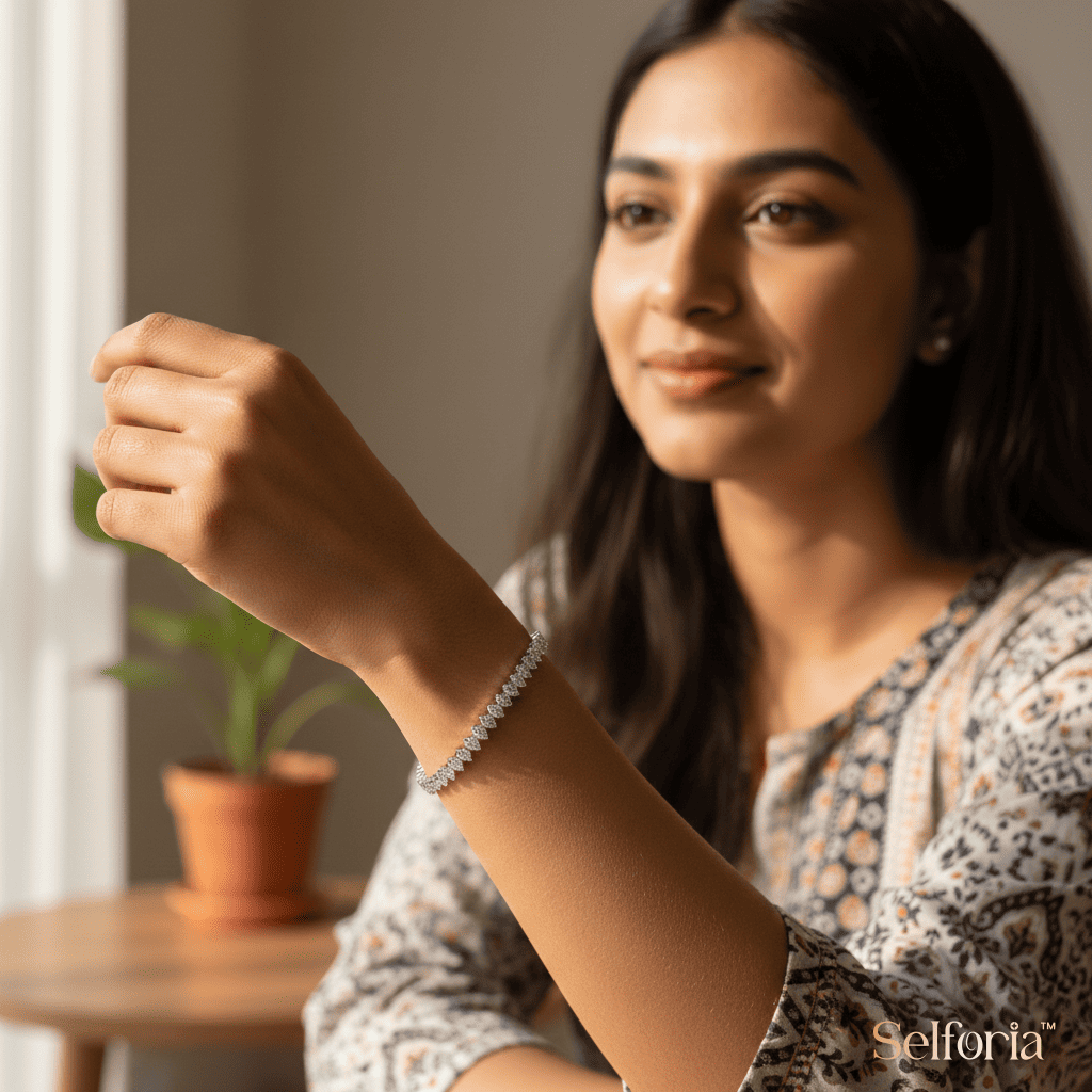 Woman wearing a silver tennis bracelet with sparkling stones for everyday elegant styling