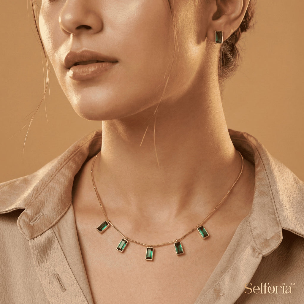 Woman wearing elegant green gemstone necklace for everyday wear and casual outings
