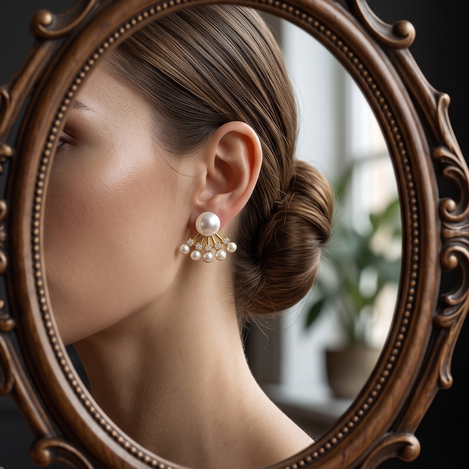 A close-up of a woman wearing a dangling pearl and gold earring, shown in profile within an ornate oval mirror with a dark wood frame.