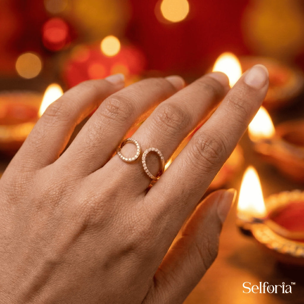Woman wearing elegant gold ring during festive celebration