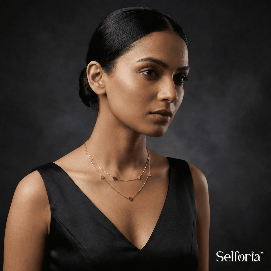 Woman wearing a subtle gold heart necklace for effortless everyday elegance