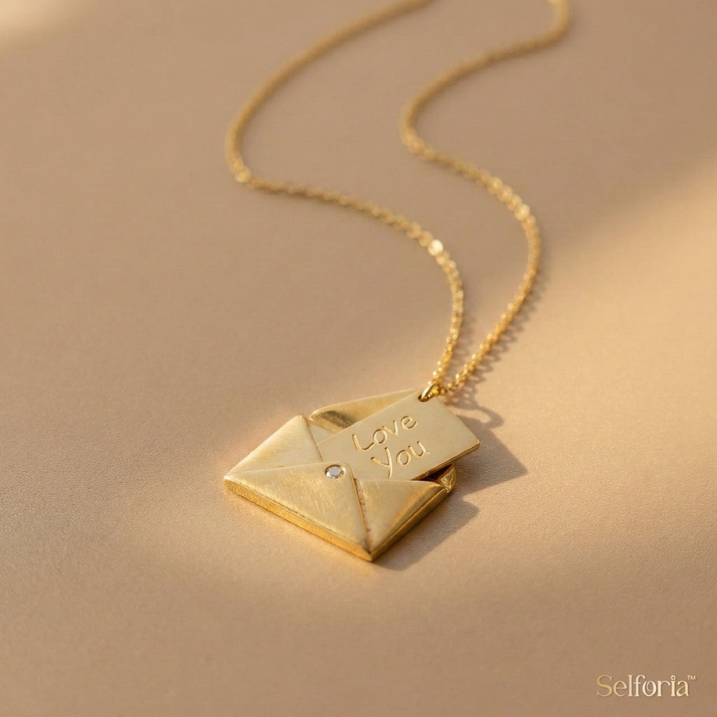 Close-up of envelope-shaped gold pendant engraved with “Love You”