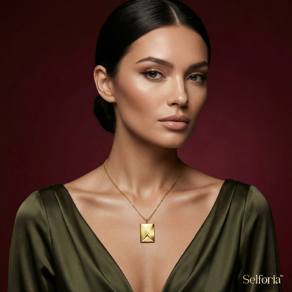 Woman wearing minimal gold pendant necklace for date night styling