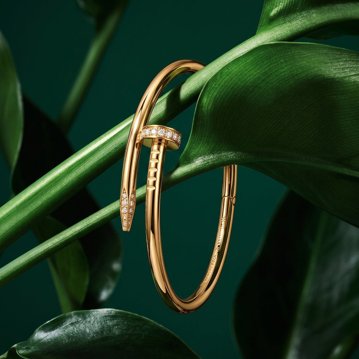 A Selforia Gold Nail Diamond Bracelet with a barrette-style front detail, shown draped over large green leaves against a dark green background.