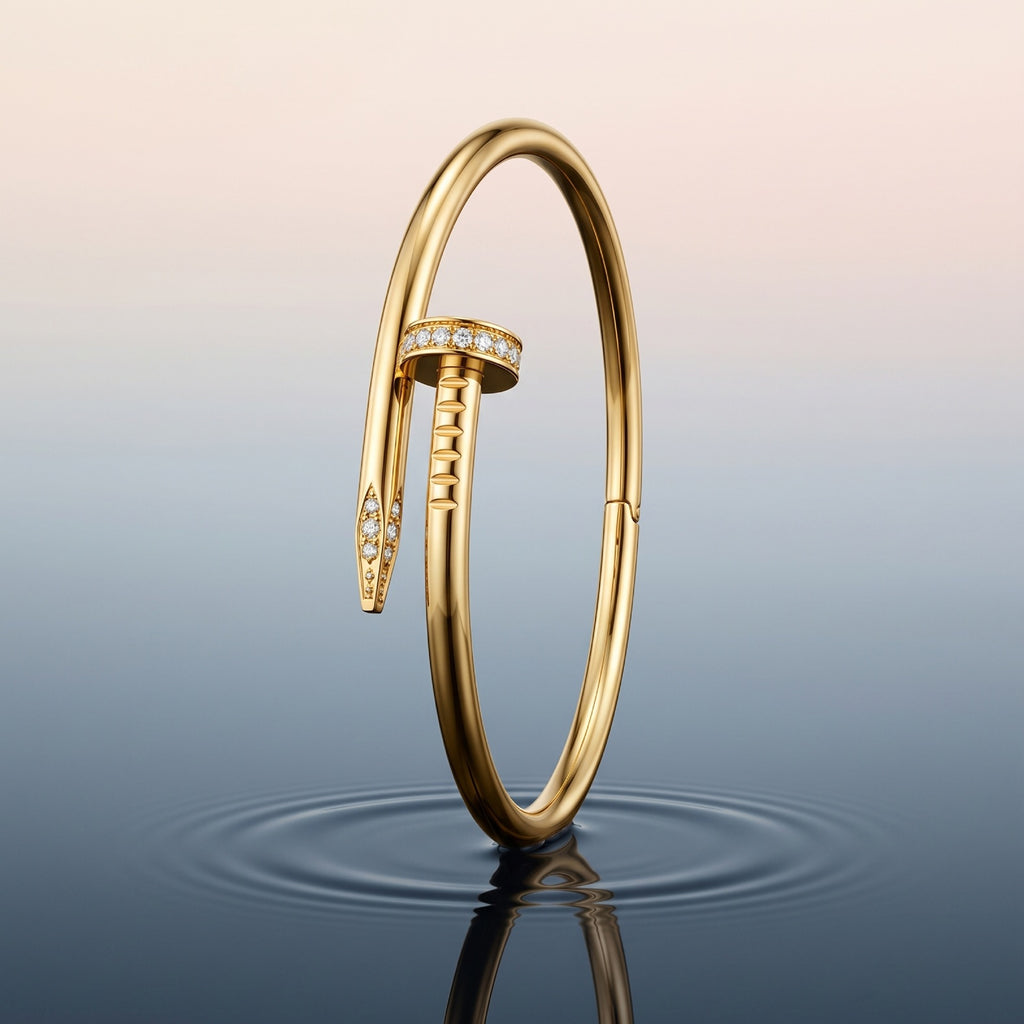 A Selforia Gold Nail hinged bangle bracelet styled like a nail, featuring small pavé-set clear stones, standing upright on a reflective dark surface against a soft gradient background.
