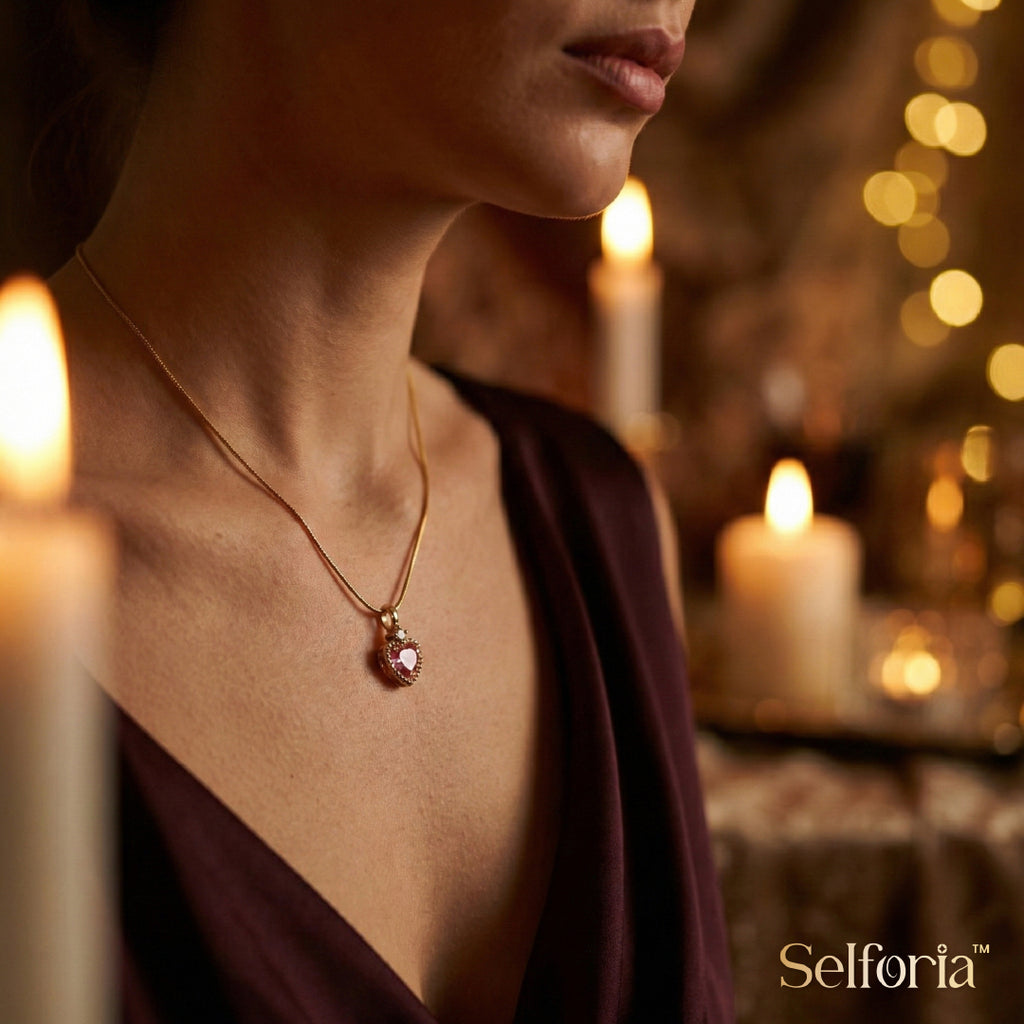 Heart shaped pink gemstone pendant necklace, romantic gold jewellery gift for women