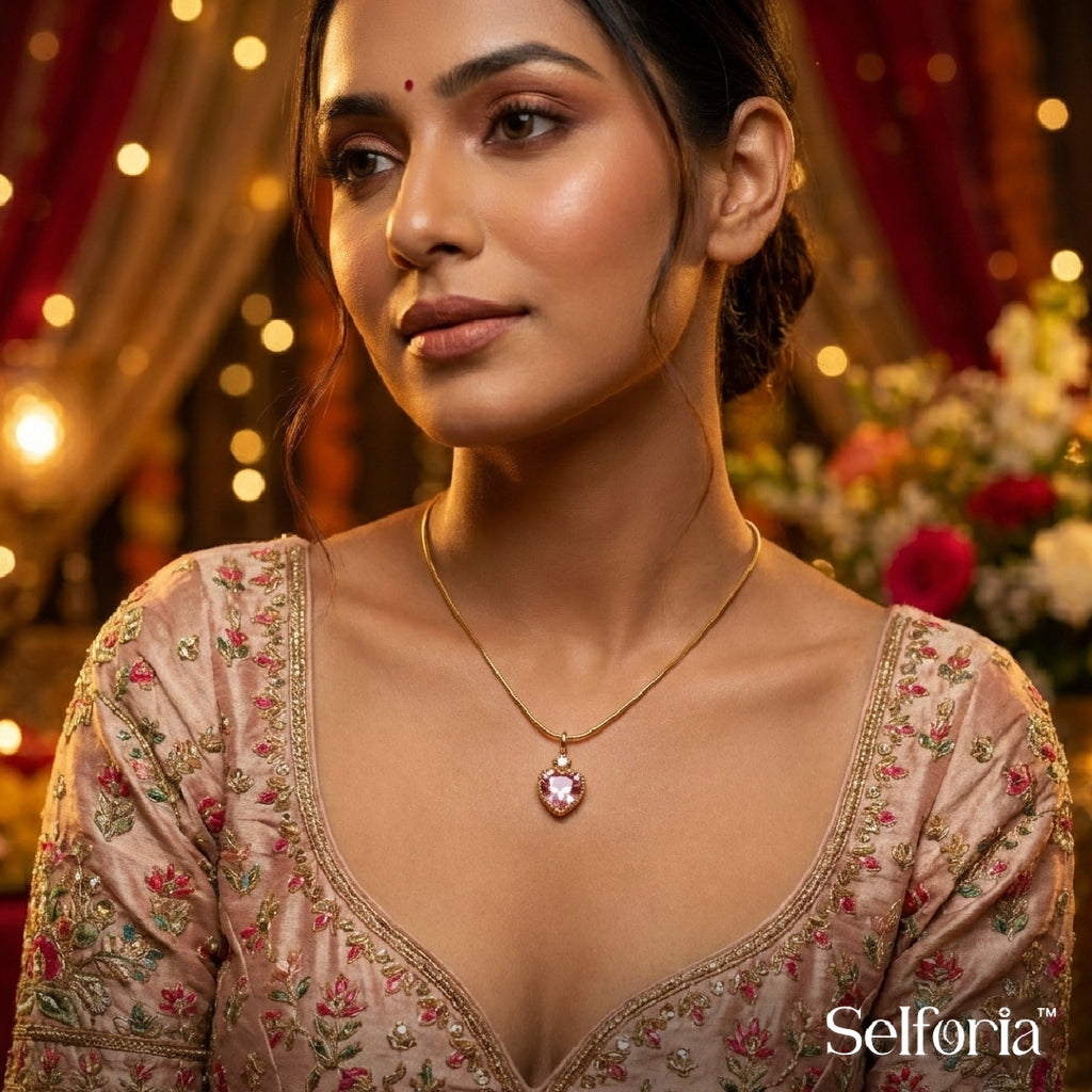 Heart shaped pink pendant necklace styled with ethnic wear, gold jewellery for festive occasions