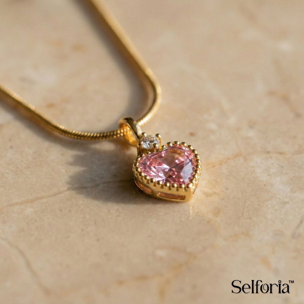 Pink heart gemstone necklace with gold-plated chain, heart shaped pendant jewellery by Selforia