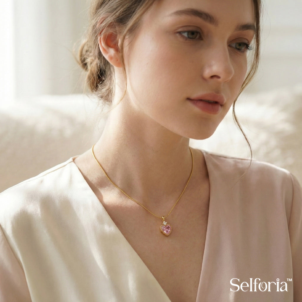 Gold-plated pink heart gemstone necklace for women, dainty romantic jewellery by Selforia