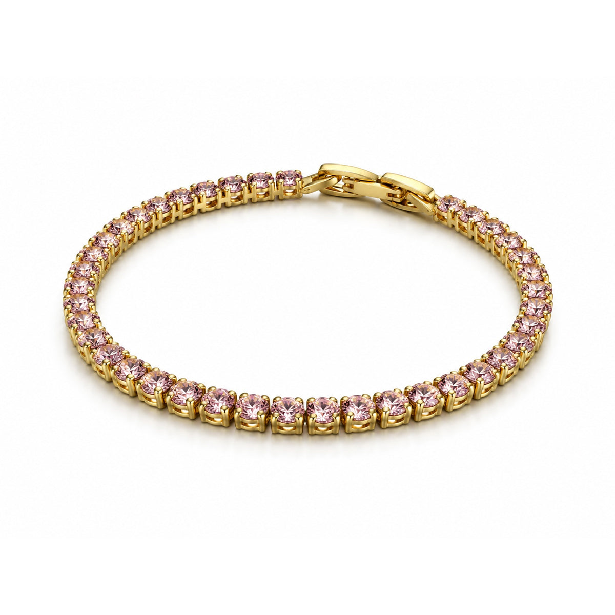 A Selforia India gold tone plated tennis bracelet featuring a double row of small, round-cut pink gemstones, displayed on a clean white background.
