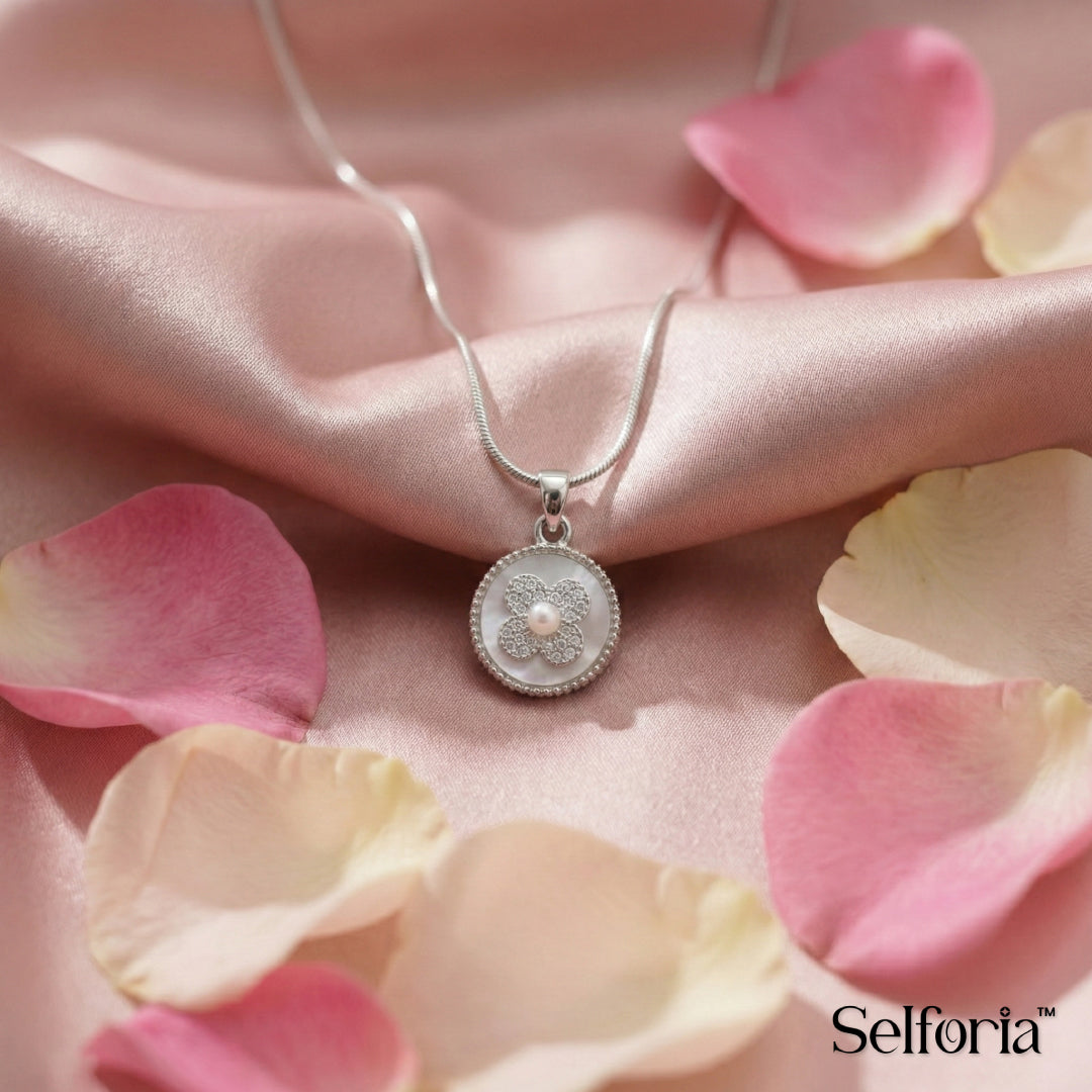 Silver round floral pendant necklace for women, elegant jewellery for events and special occasions