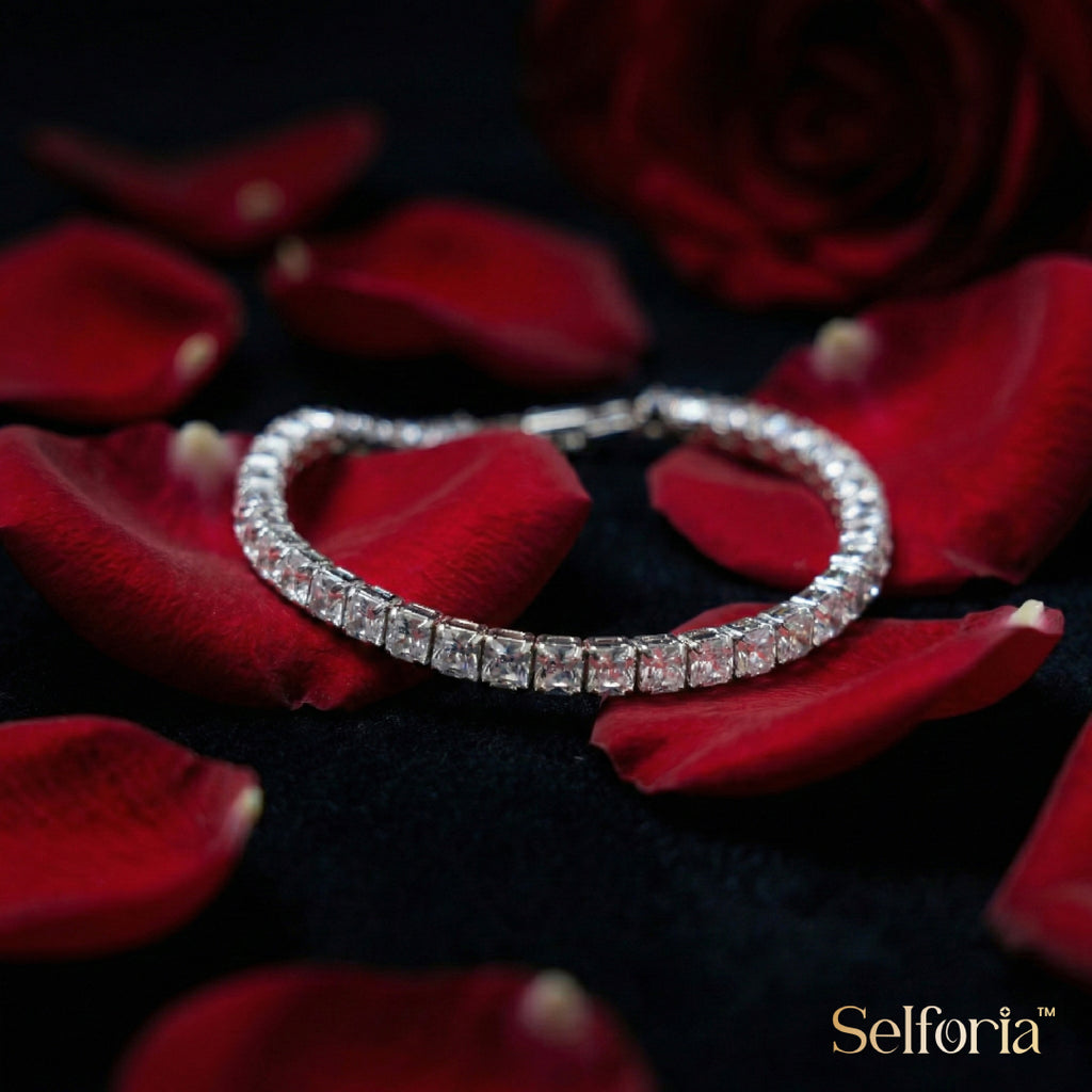 Dainty silver tennis bracelet with sparkling stones, premium jewellery by Selforia