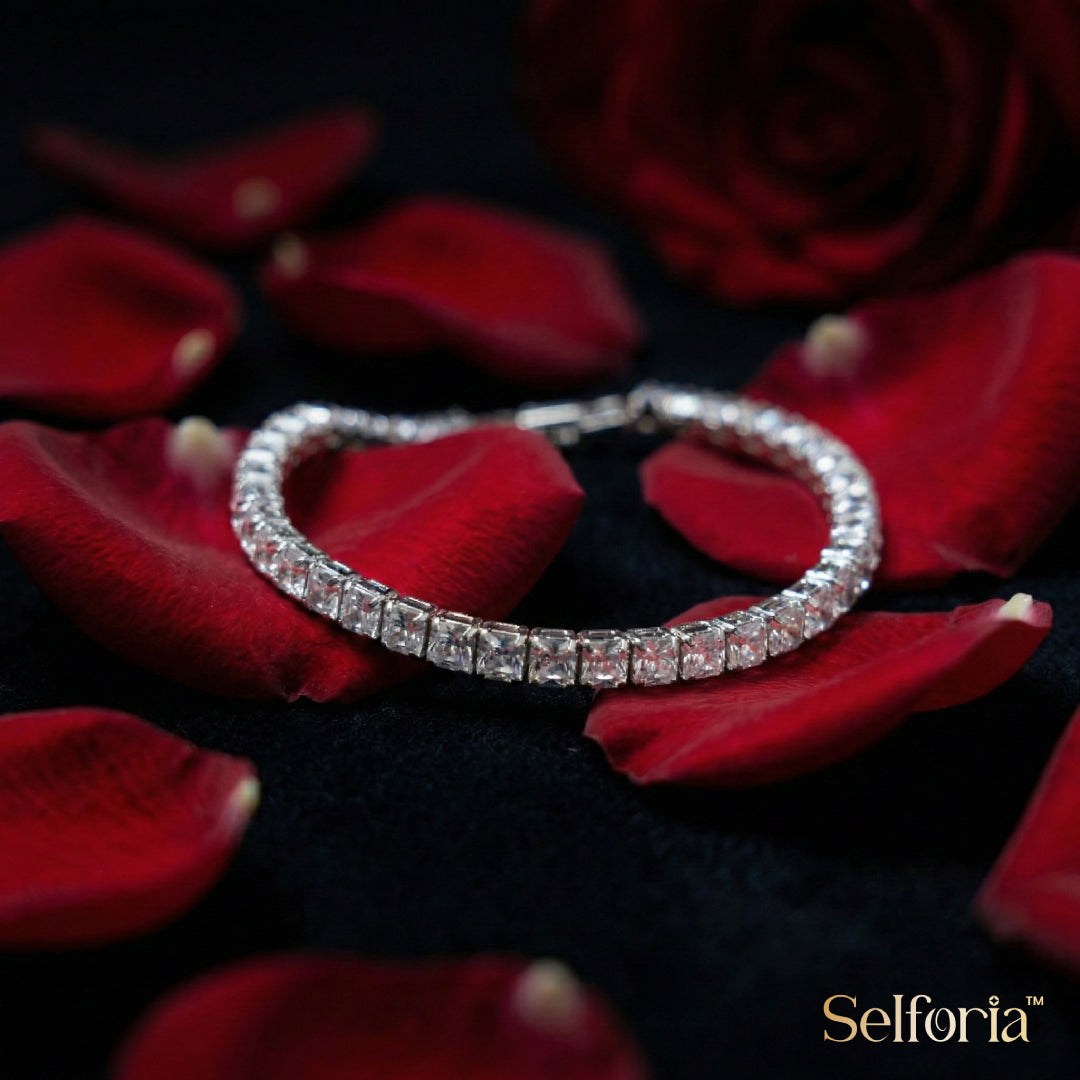 Dainty silver tennis bracelet with sparkling stones, premium jewellery by Selforia