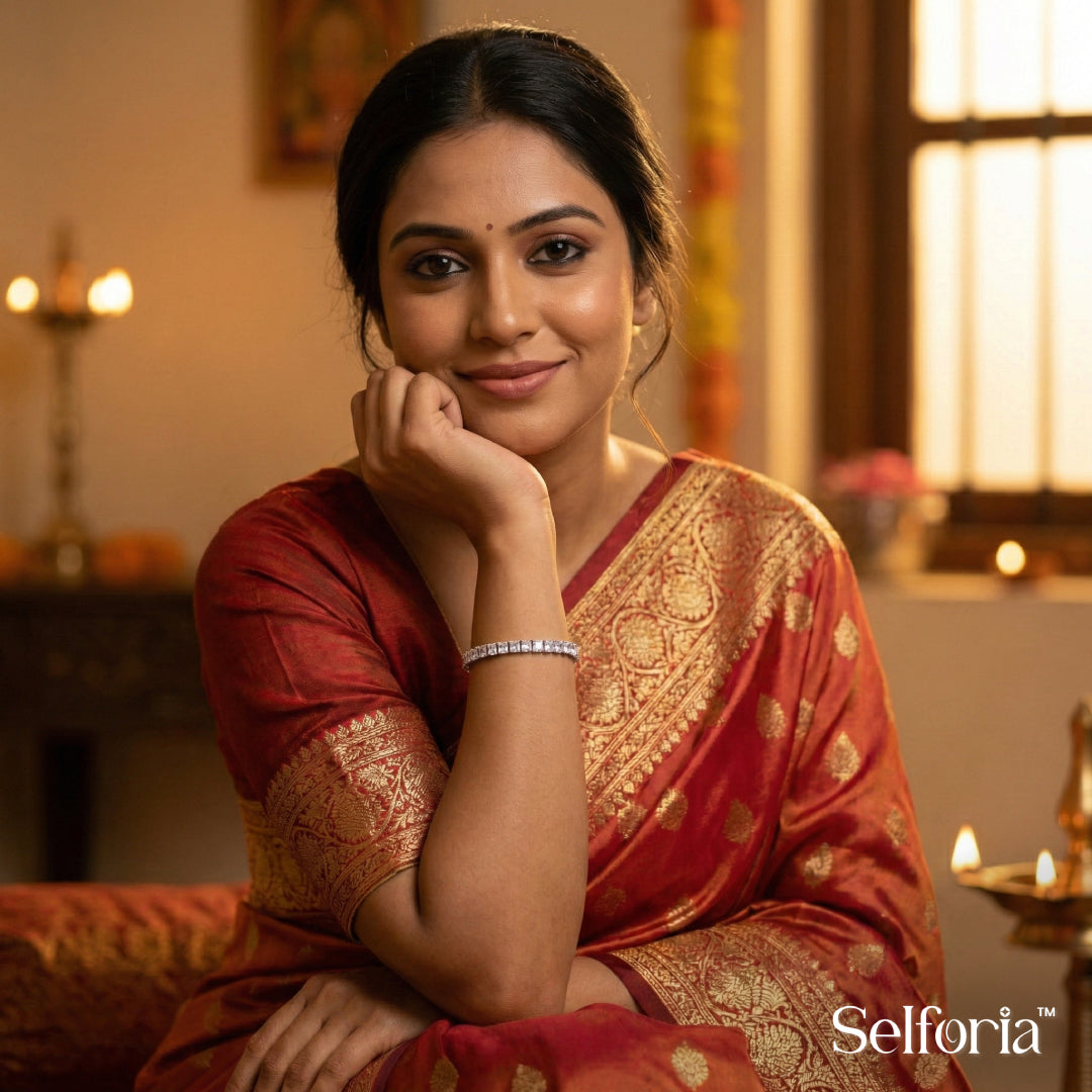Woman wearing a silver tennis bracelet paired with ethnic attire, perfect for festivals and celebrations
