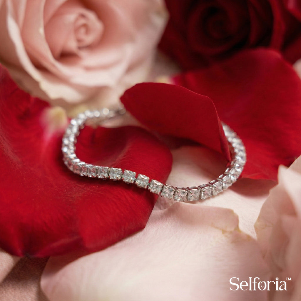 Silver stone tennis bracelet styled for date nights, elegant and romantic jewellery