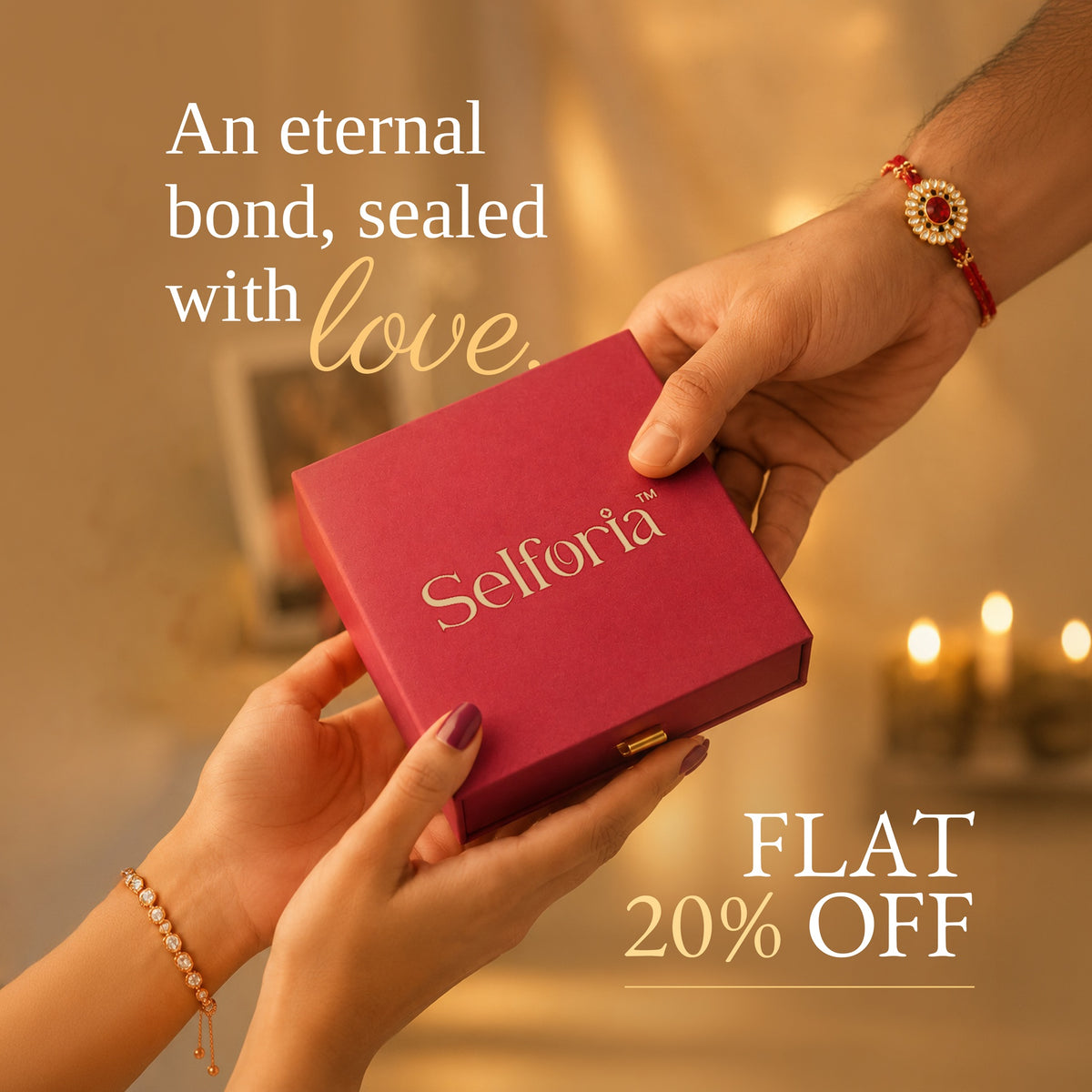 A person hands a red velvet Selforia jewelry box to another person in a warmly lit indoor setting. The box has the brand name 'Selforia' printed in gold on the front.