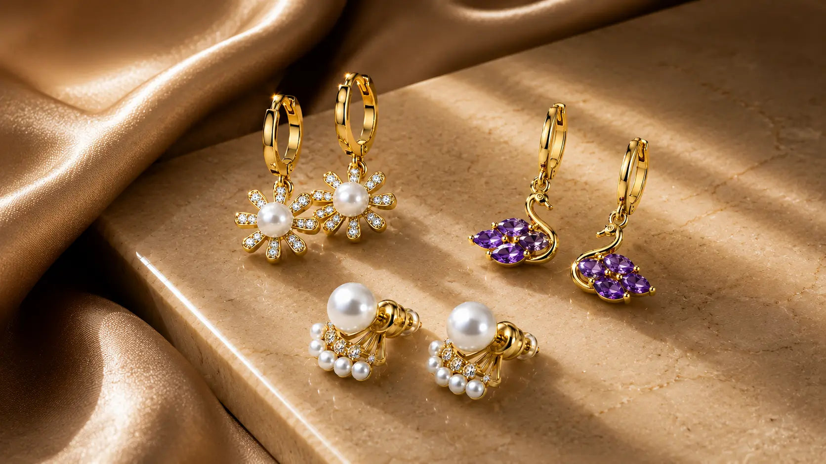 Three pairs of gold-toned earrings for women arranged on a draped champagne satin surface. One pair features white pearls and clear stones in a flowerburst shape, one pair has purple gemstones in a leaf shape, and one pair combines a white pearl with small pearl clusters.
