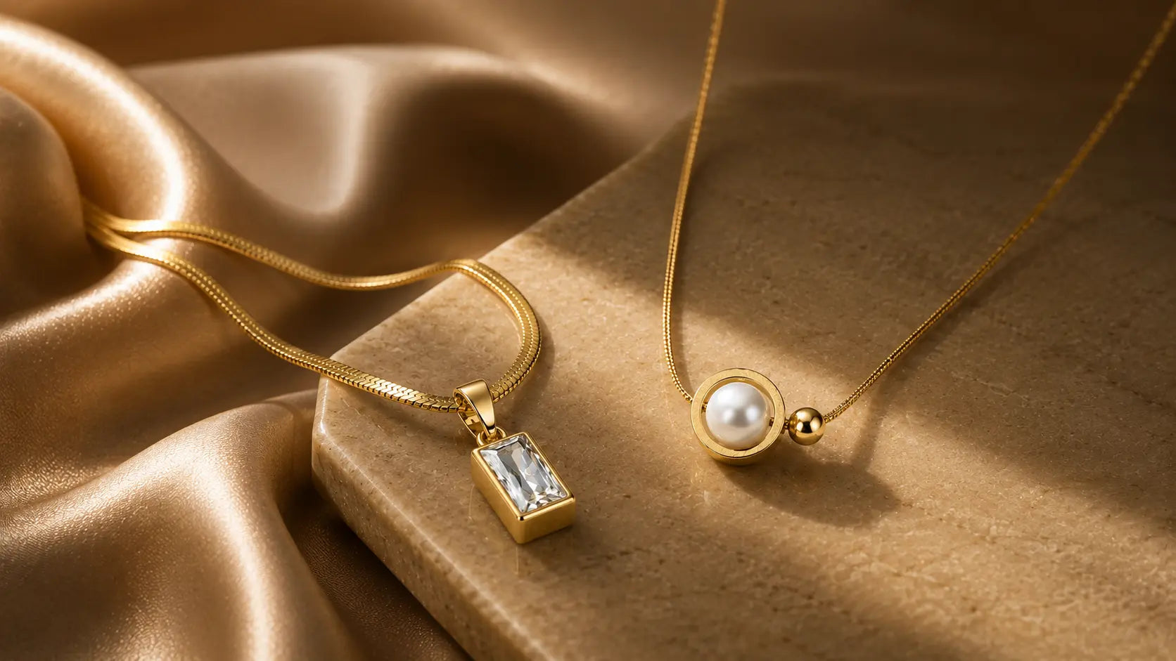 Two gold necklaces for women displayed on draped champagne satin fabric. One necklace features a rectangular clear gemstone pendant, and the other features a round white pearl pendant with a gold bezel setting.